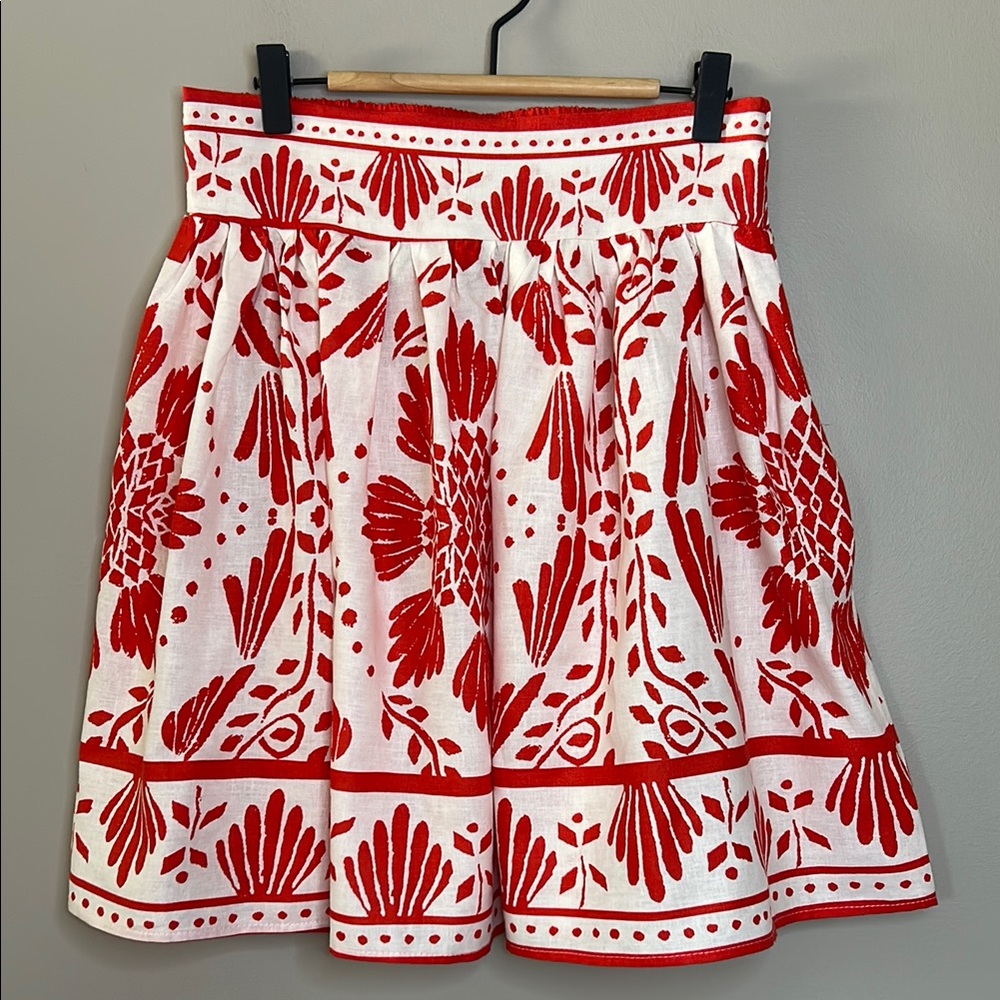 Haute‎ Hippie Boho Floral Skirt Linen Blend Reddish Orange Cream/Ivory